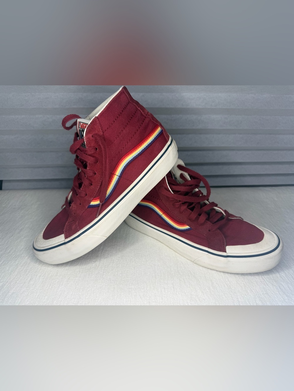 Vans SK8 Burgundy High-Top Sneakers with Rainbow Stripe M8/W9.5